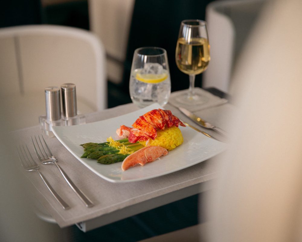 Food onboard a TCS private jet (lobster, rice,& broccoli - Viking Travel