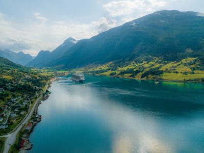 Aerial view of cruise liners in Olden in Norway - Viking Travel