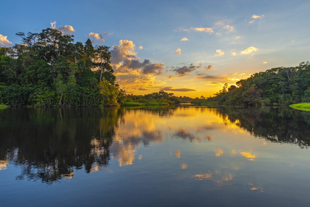 Reflection of a sunset by a lagoon inside the Amazon Rainforest Basin - Viking Travel